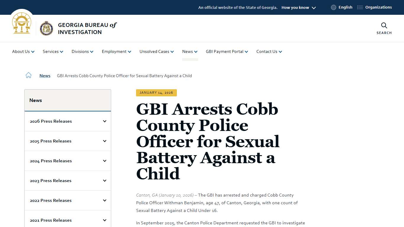 GBI Arrests Cobb County Police Officer for Sexual Battery Against a Child Georgia Bureau of Investigation
